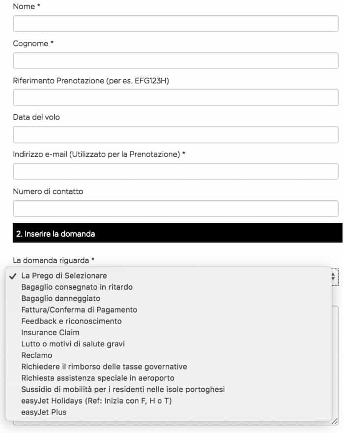 easyjet contatti modulo