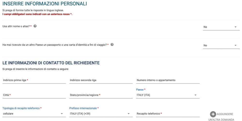 Informazioni personali modulo esta