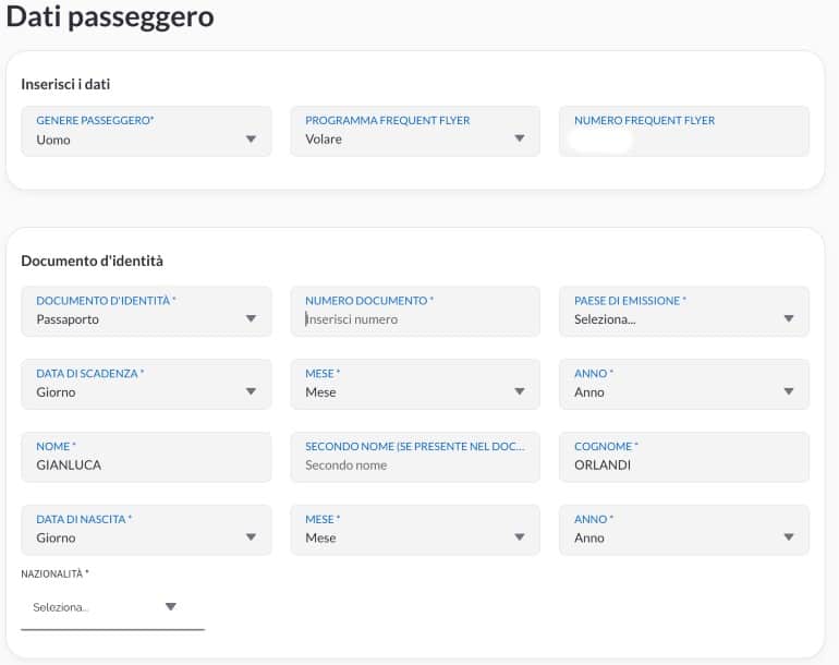 Dati passeggero check in ITA Airways