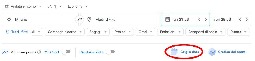 Griglia date voli Google