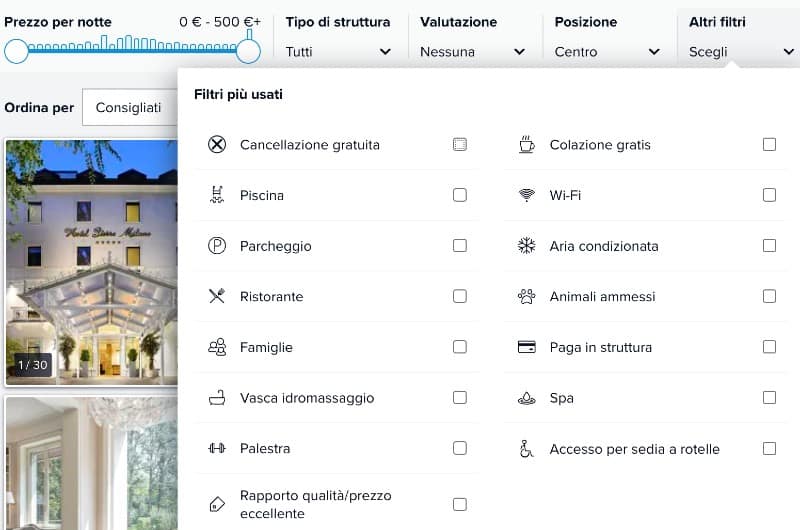 Filtri ricerca Trivago hotel