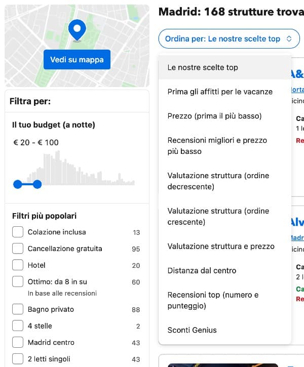 Filtri ricerca hotel Booking